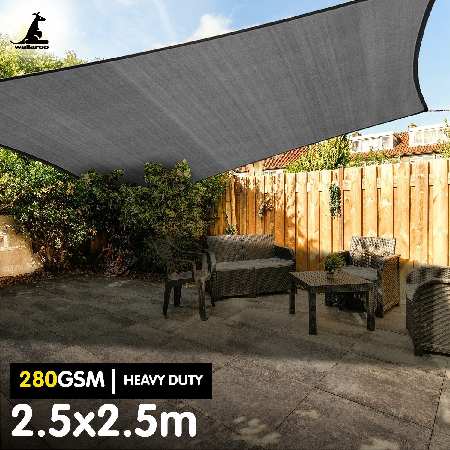 Wallaroo 280gsm Outdoor Sun Shade Sail Canopy Grey Square 2.5m X 2.5m Wallaroo