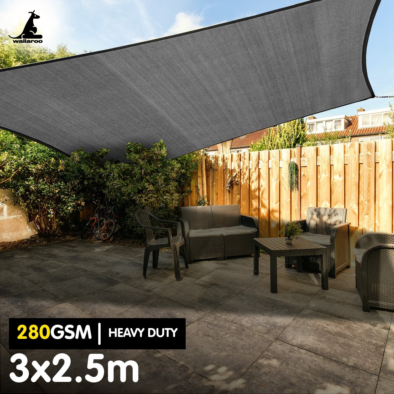 Wallaroo 280gsm Outdoor Sun Shade Sail Canopy Grey - 3m X 2.5m Wallaroo