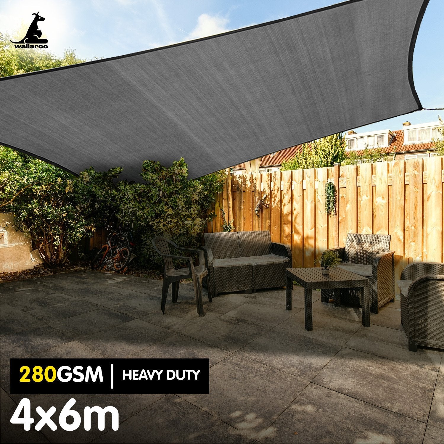 Wallaroo 280gsm Outdoor Sun Shade Sail Canopy Grey - 4m X 6m Wallaroo