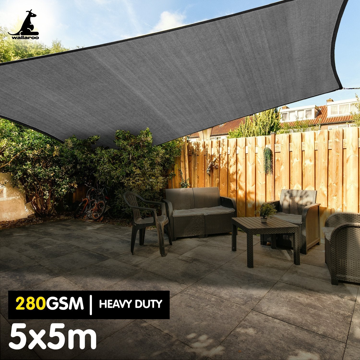 Wallaroo 280gsm Outdoor Square Sun Shade Sail Canopy Grey - 5m X 5m Wallaroo