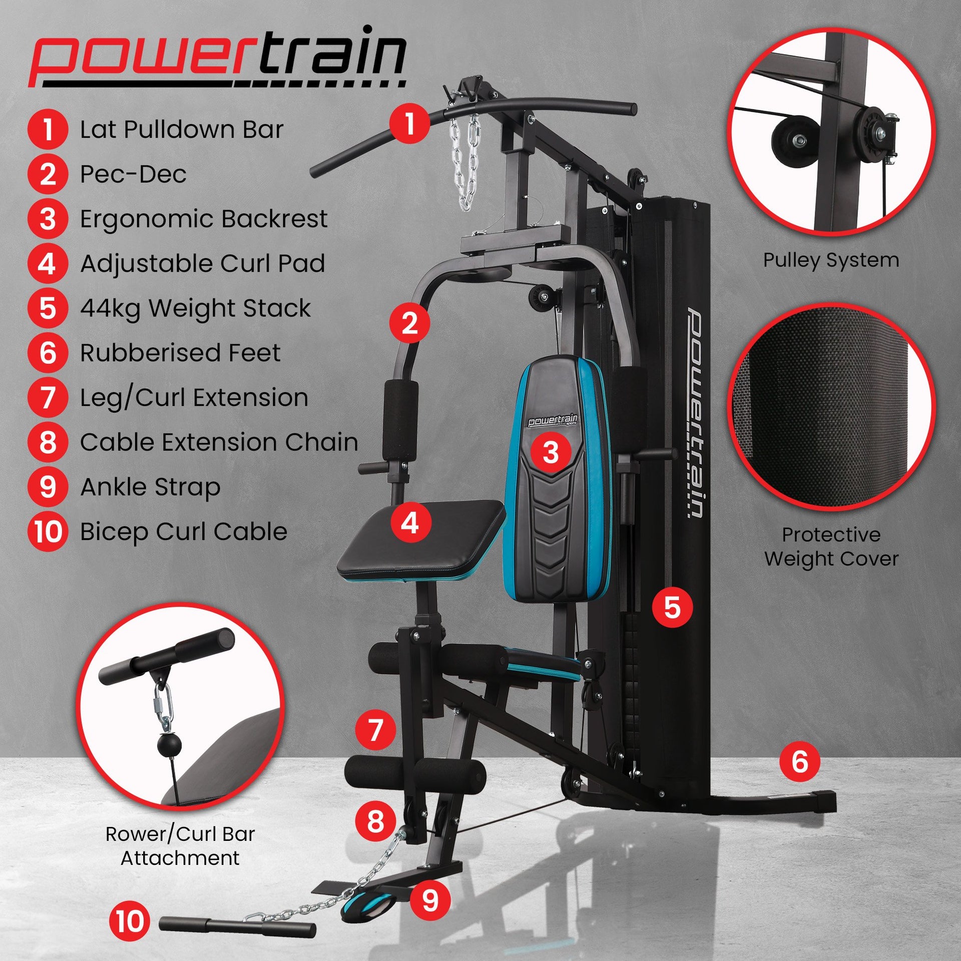 Powertrain JX-300 Multi Station Home Gym 44kg Weight Stack Cable Machine, Curl Pad Leg Extension and Pull-down Bar Awezingly