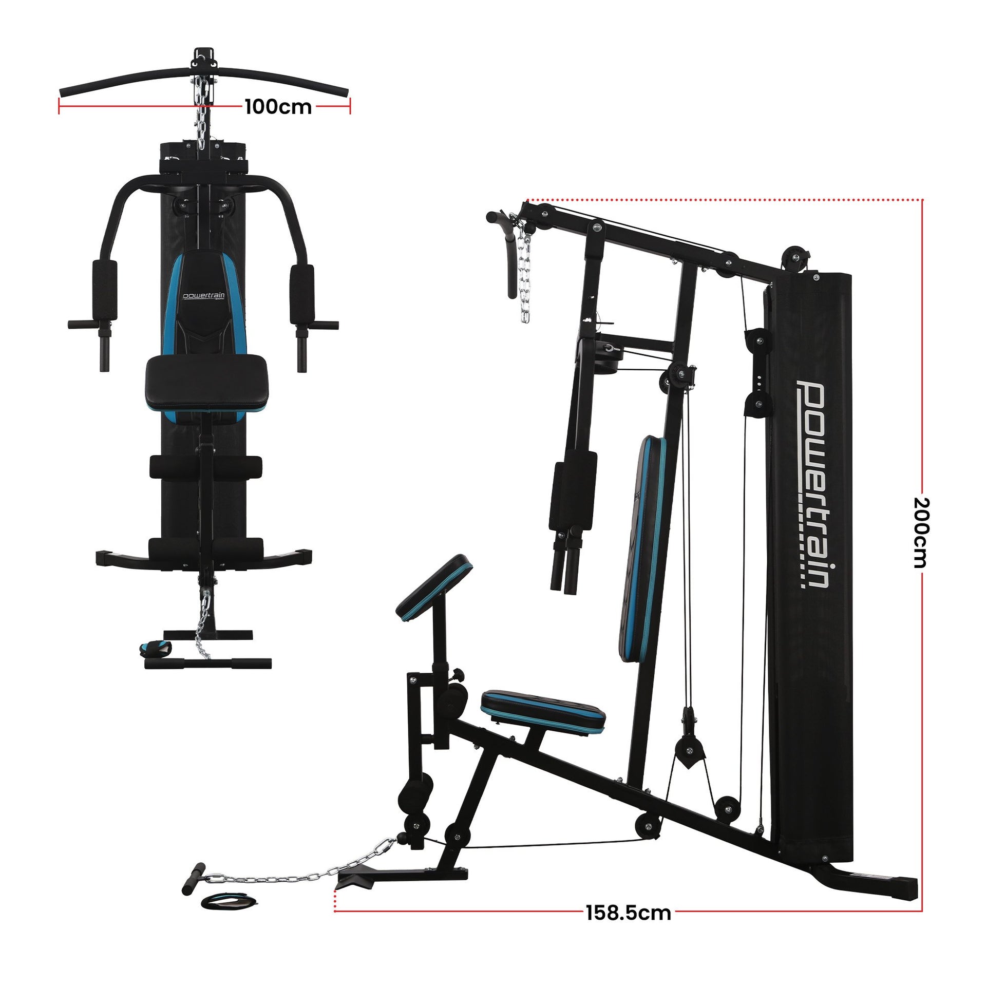 Powertrain JX-300 Multi Station Home Gym 44kg Weight Stack Cable Machine, Curl Pad Leg Extension and Pull-down Bar Awezingly