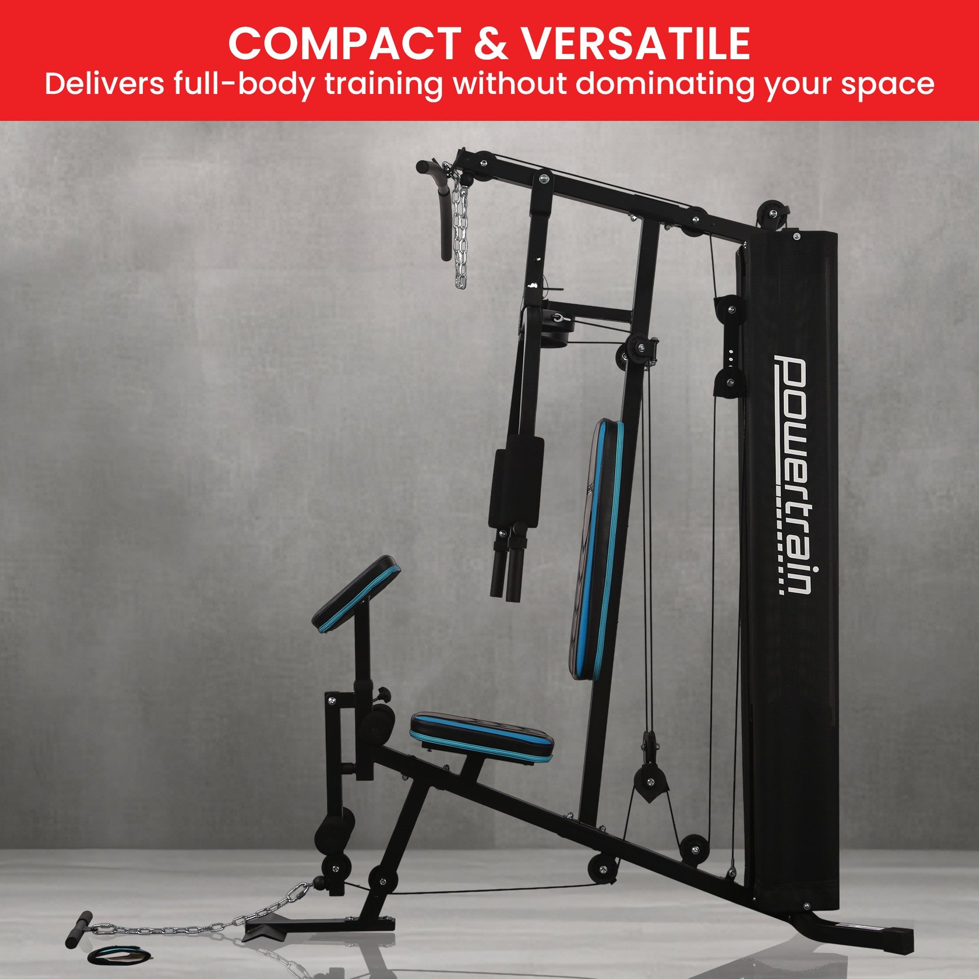 Powertrain JX-300 Multi Station Home Gym 44kg Weight Stack Cable Machine, Curl Pad Leg Extension and Pull-down Bar Awezingly