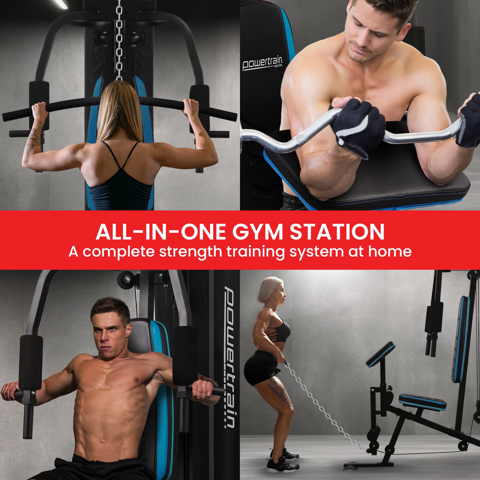 Powertrain JX-300 Multi Station Home Gym 44kg Weight Stack Cable Machine, Curl Pad Leg Extension and Pull-down Bar Awezingly