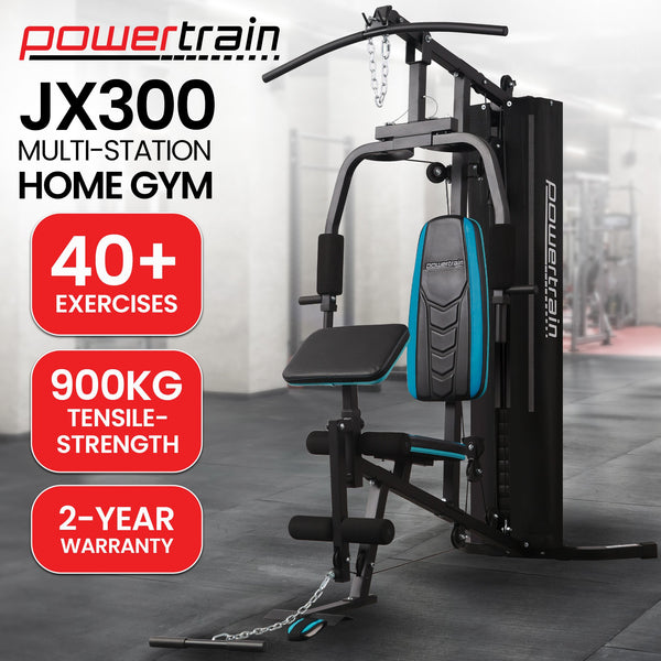 Powertrain JX-300 Multi Station Home Gym 44kg Weight Stack Cable Machine, Curl Pad Leg Extension and Pull-down Bar Awezingly