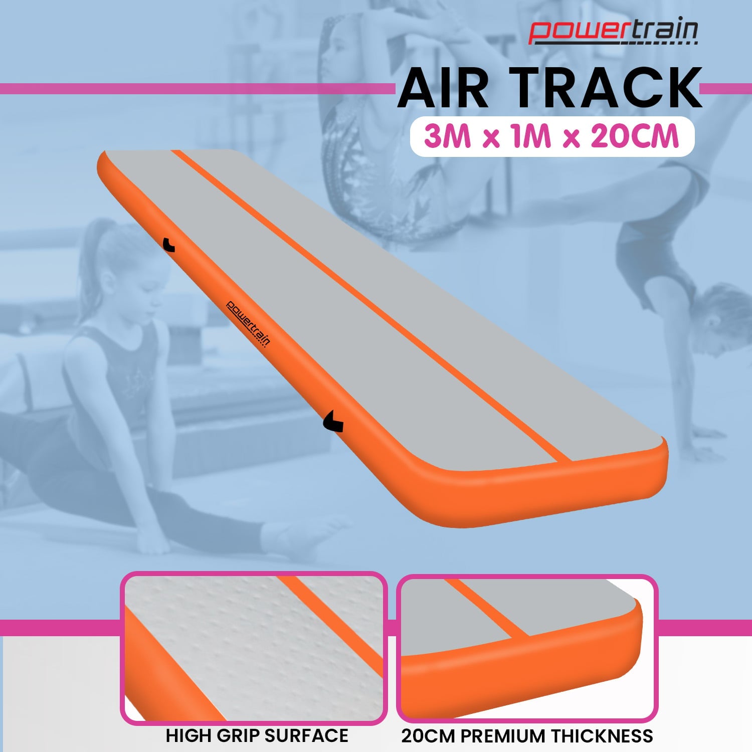 Powertrain Airtrack 20cm Thick 3m x 1m Inflatable Gymnastics Tumbling Mat Air Track - Orange Powertrain