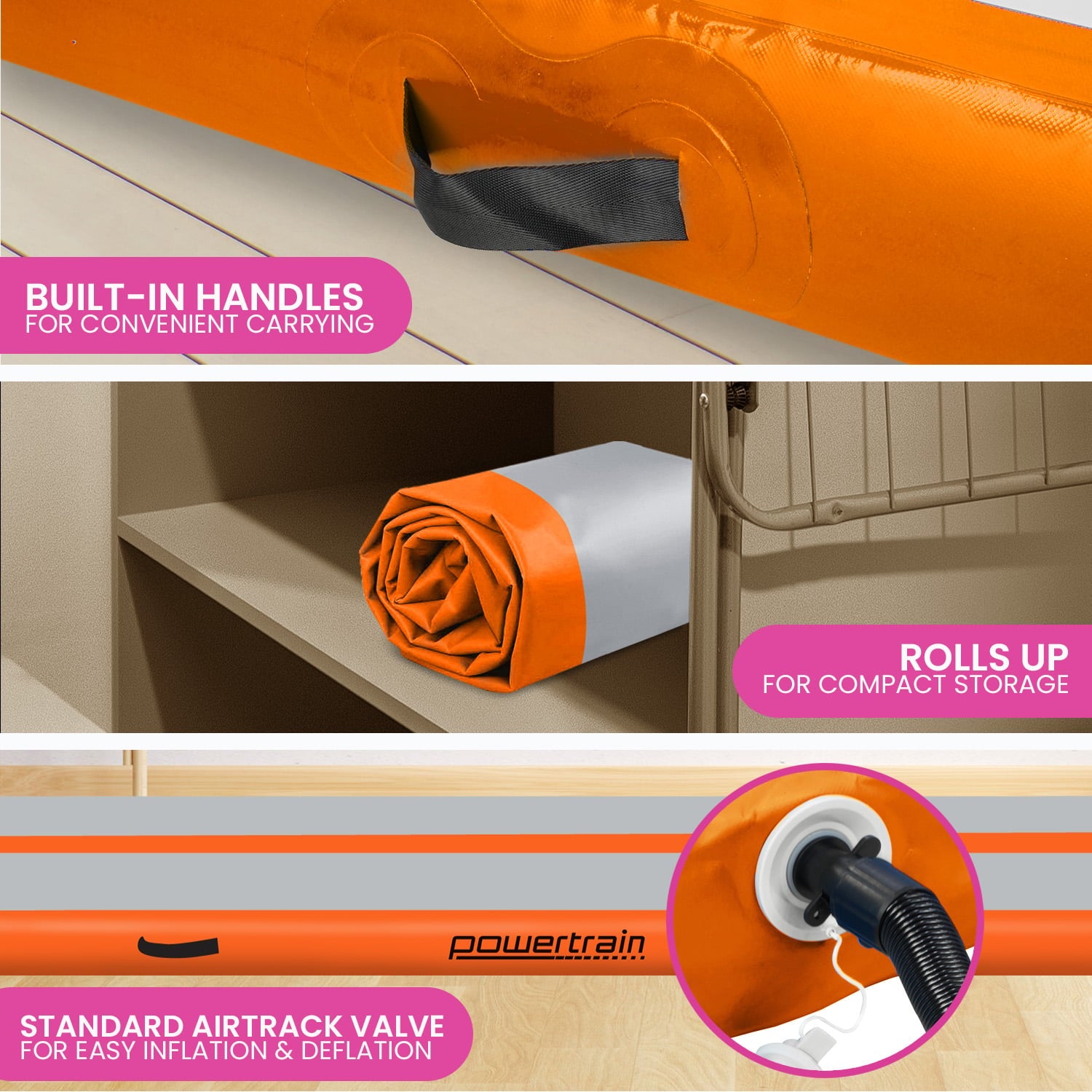 Powertrain Airtrack 20cm Thick 3m x 1m Inflatable Gymnastics Tumbling Mat Air Track - Orange Powertrain