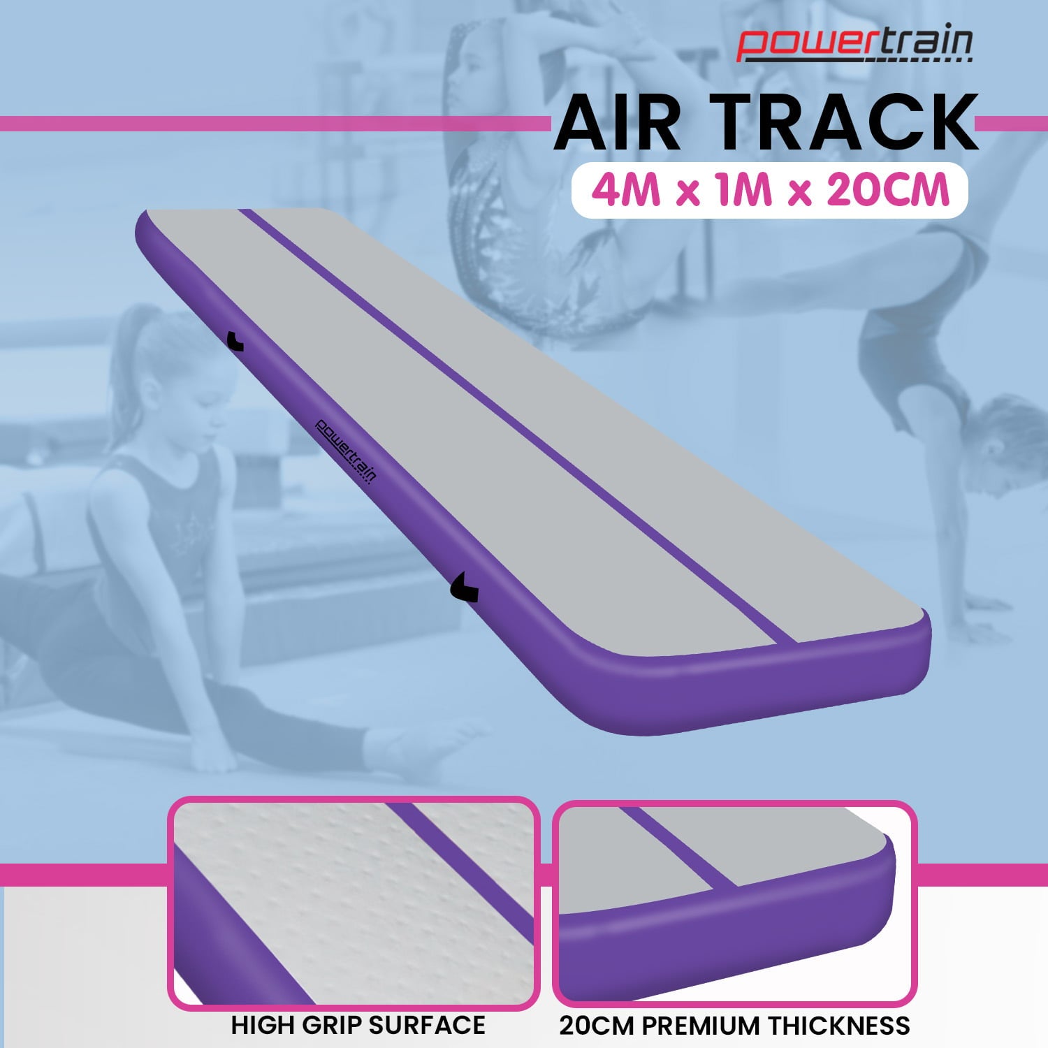 Powertrain Airtrack 20cm Thick 4m x 1m Inflatable Gymnastics Tumbling Mat Air Track - Purple Powertrain