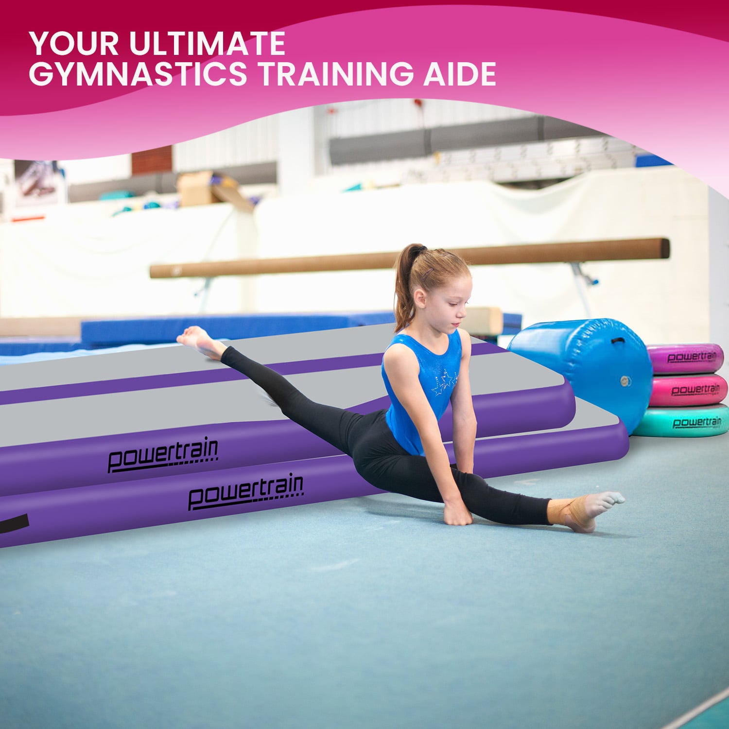 Powertrain Airtrack 20cm Thick 4m x 1m Inflatable Gymnastics Tumbling Mat Air Track - Purple Powertrain