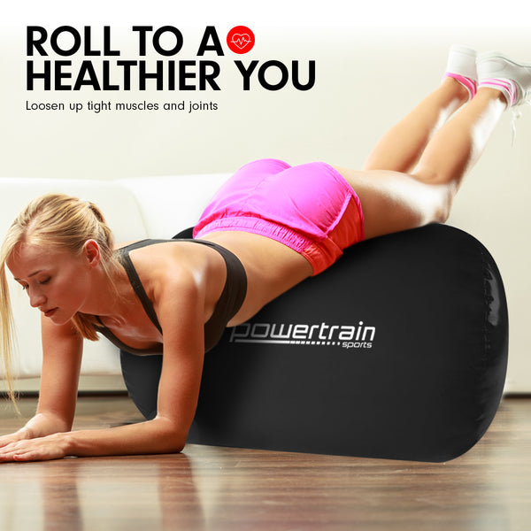 Powertrain Sports Inflatable Gymnastics Air Barrel Exercise Roller 120 x 75cm - Black Powertrain