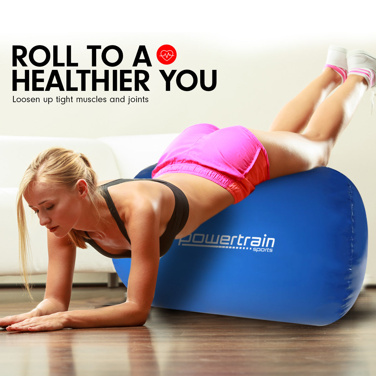 Powertrain Sports Inflatable Gymnastics Air Barrel Exercise Roller 120 x 75cm - Blue Powertrain