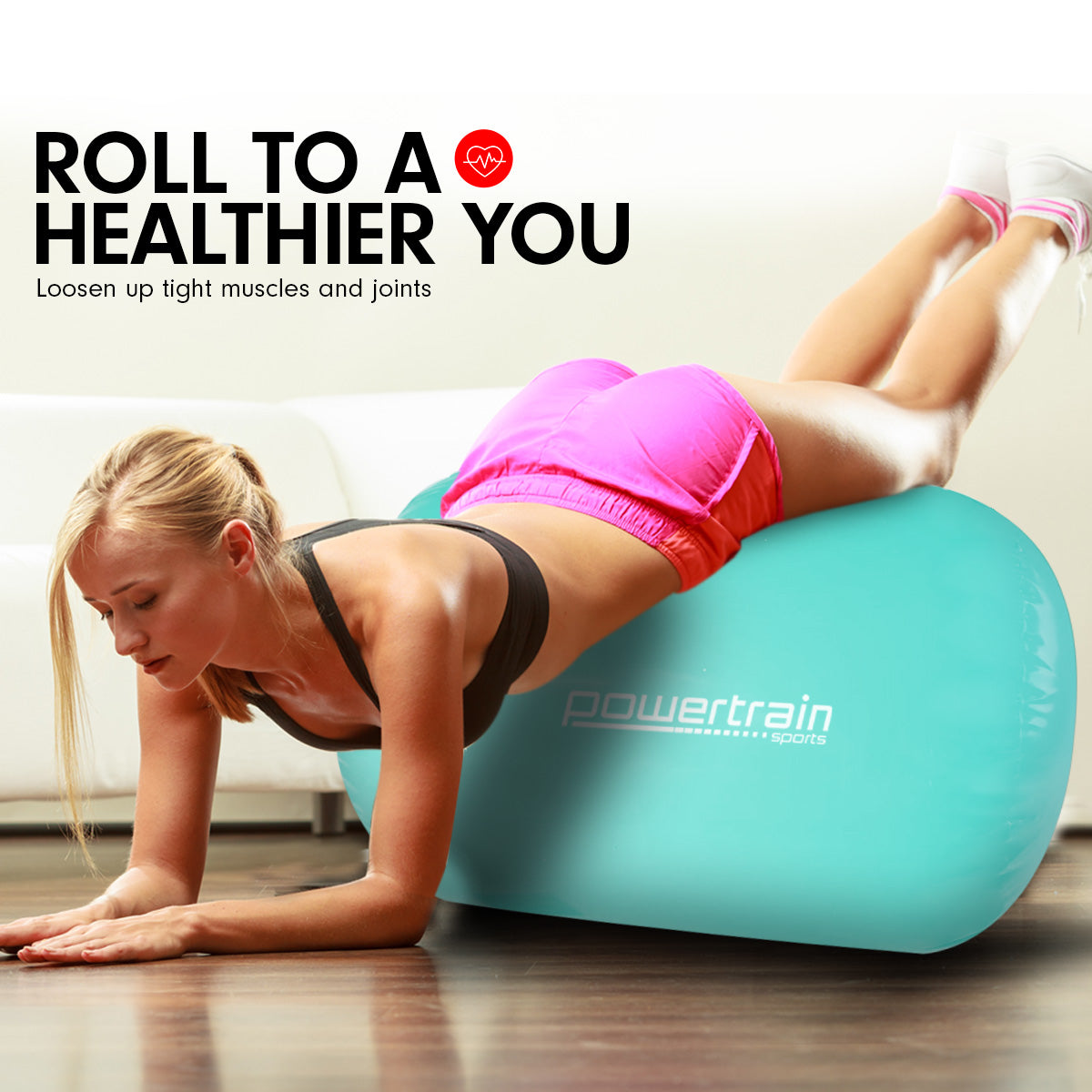 Powertrain Sports Inflatable Gymnastics Air Barrel Exercise Roller 120 x 75cm - Green Kahuna