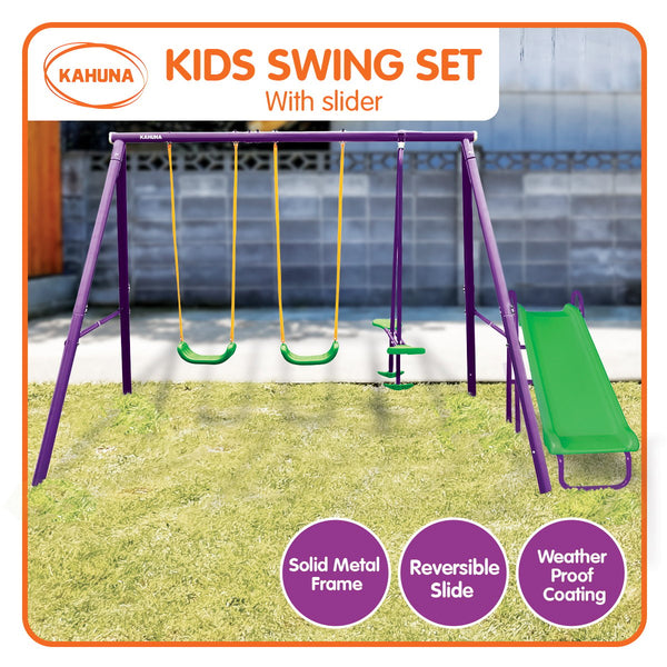 Kahuna Kids 4-Seater Swing Set with Slide Purple Green Kahuna