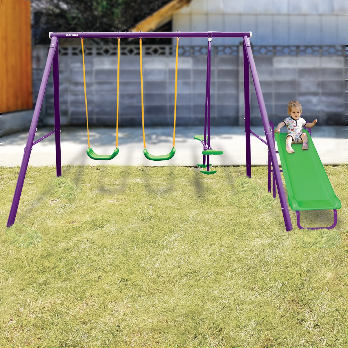 Kahuna Kids 4-Seater Swing Set with Slide Purple Green Kahuna
