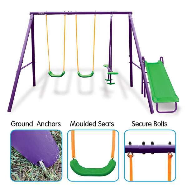 Kahuna Kids 4-Seater Swing Set with Slide Purple Green Kahuna