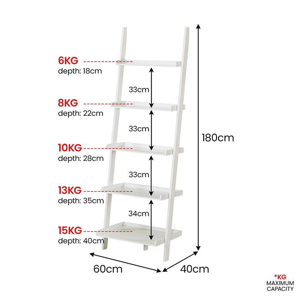 Sarantino Aster 5-Tier Ladder Shelf in White Awezingly