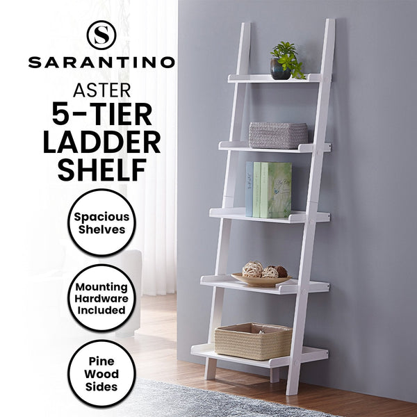 Sarantino Aster 5-Tier Ladder Shelf in White Awezingly
