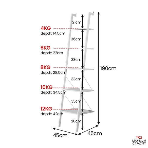 Sarantino Amelia 5-Tier Ladder Shelf in White Awezingly