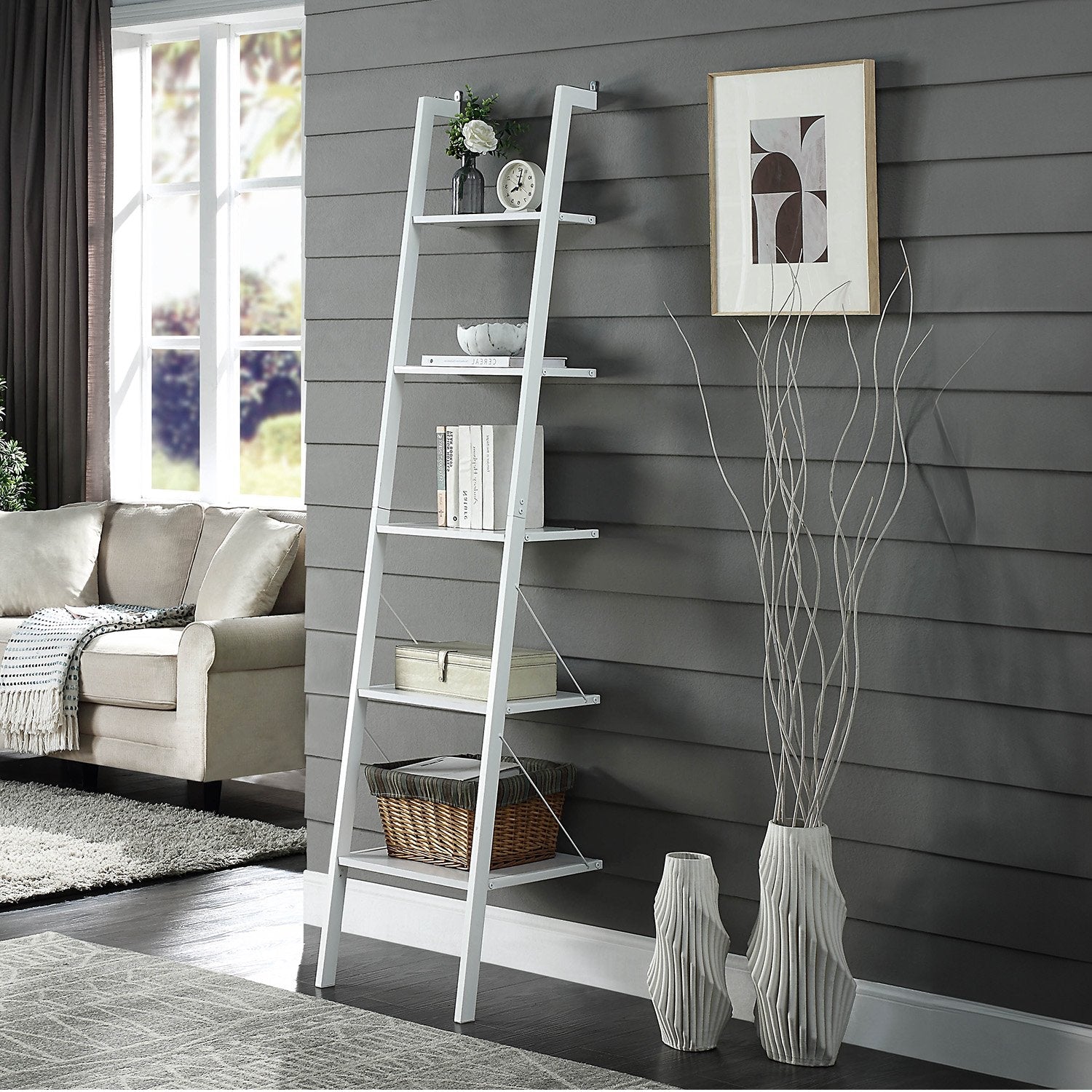 Sarantino Amelia 5-Tier Ladder Shelf in White Awezingly