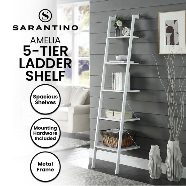 Sarantino Amelia 5-Tier Ladder Shelf in White Awezingly
