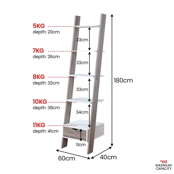 Sarantino Mira 5-tier Ladder Shelf In White And Grey Oak Awezingly