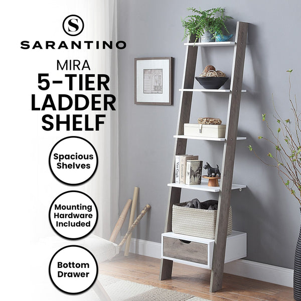 Sarantino Mira 5-tier Ladder Shelf In White And Grey Oak Awezingly