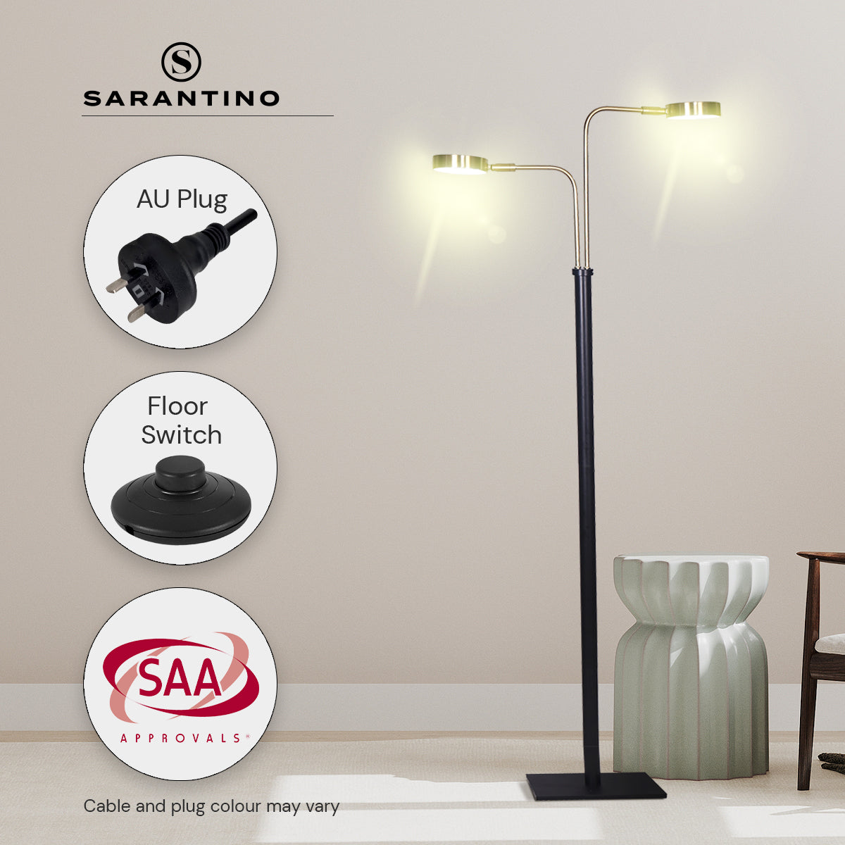 Sarantino LED Metal Floor Lamp with 2 Lights in Brushed Gold and Black Finish Sarantino