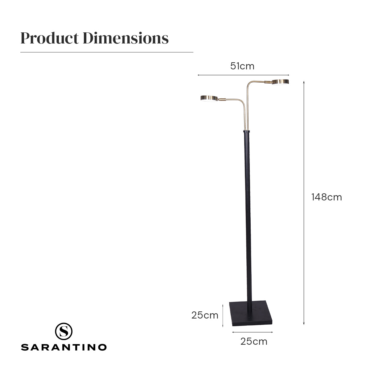 Sarantino LED Metal Floor Lamp with 2 Lights in Brushed Gold and Black Finish Sarantino