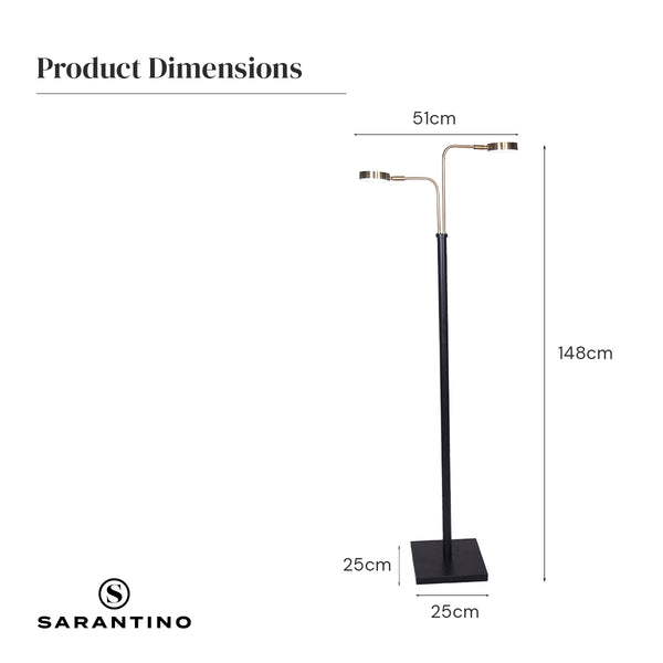 Sarantino LED Metal Floor Lamp with 2 Lights in Brushed Gold and Black Finish Sarantino
