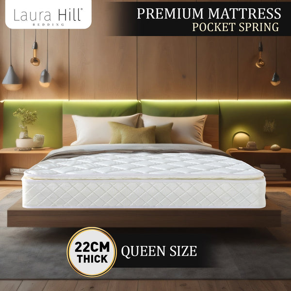 Laura Hill Mattress Queen Size Pillow Top Pocket Spring High Density Foam 22cm Does Not Apply