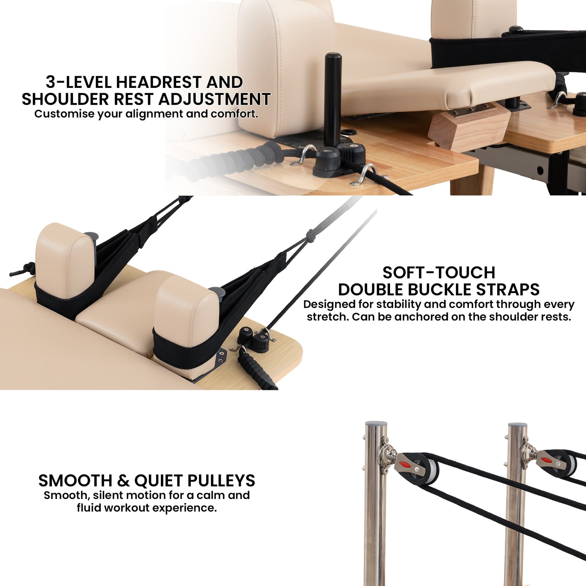 Powertrain Selina Pilates Reformer Machine Wooden Folding Multifunctional Home Gym Equipment with Jumpboard & Sitting Box Oak Beige