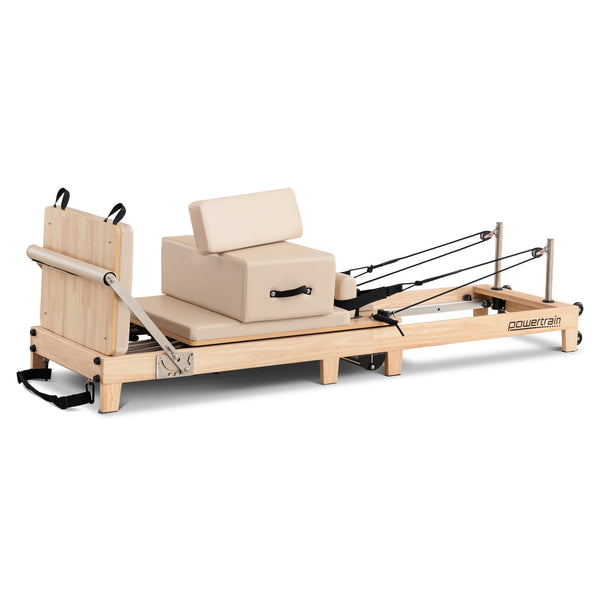 Powertrain Selina Pilates Reformer Machine Wooden Folding Multifunctional Home Gym Equipment with Jumpboard & Sitting Box Oak Beige
