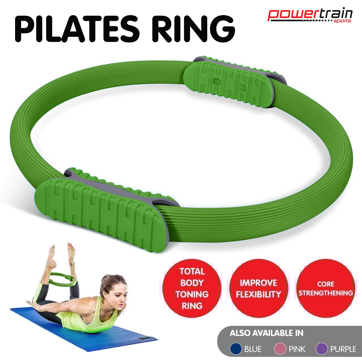 Powertrain Pilates Ring Band Yoga Home Workout Exercise Band Green Powertrain