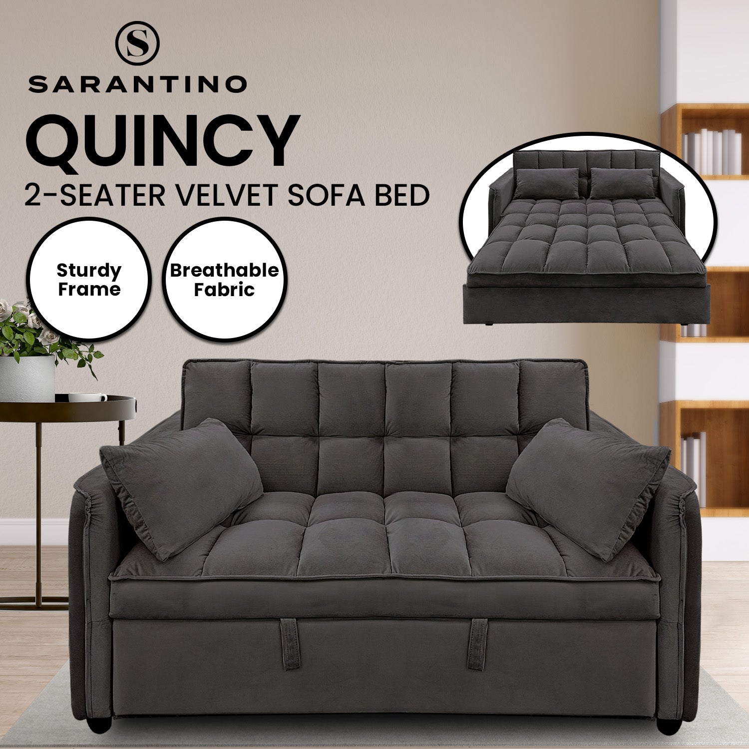 Sarantino Quincy 2-Seater Velvet Sofa Bed in Dark Grey with Wooden Frame and Tufted Design - Dark Grey Sarantino