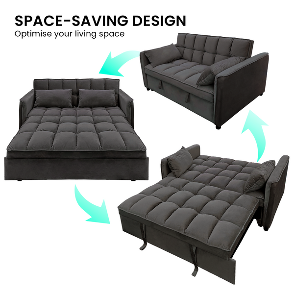 Sarantino Quincy 2-Seater Velvet Sofa Bed in Dark Grey with Wooden Frame and Tufted Design - Dark Grey Sarantino