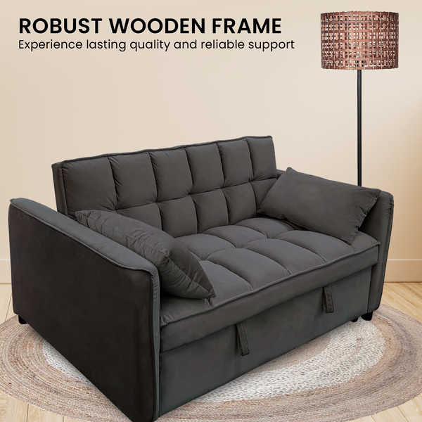 Sarantino Quincy 2-Seater Velvet Sofa Bed in Dark Grey with Wooden Frame and Tufted Design - Dark Grey Sarantino