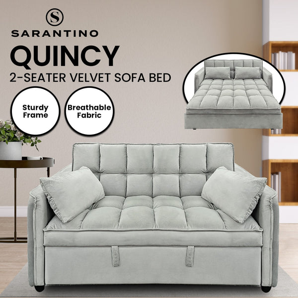Sarantino Quincy 2-Seater Velvet Sofa Bed in Dark Grey with Wooden Frame and Tufted Design - Light Grey Sarantino