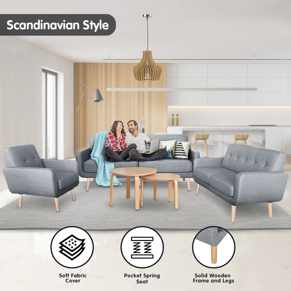 Sarantino 6-Seater Linen Sofa Set Couch Futon - Light Grey Sarantino