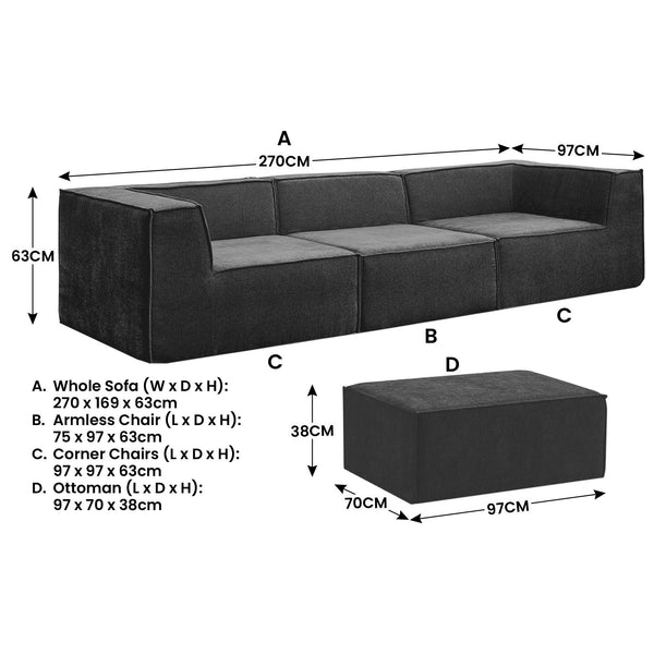 Sarantino Novi 3-Seater Modular Sofa with Ottoman in Black Non-Slip Bottom Lounge Awezingly