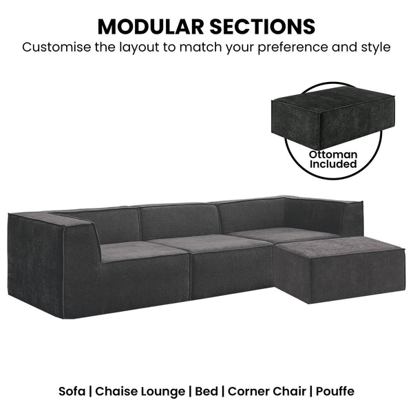 Sarantino Novi 3-Seater Modular Sofa with Ottoman in Black Non-Slip Bottom Lounge Awezingly