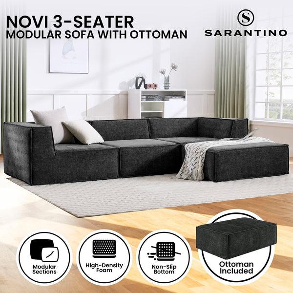 Sarantino Novi 3-Seater Modular Sofa with Ottoman in Black Non-Slip Bottom Lounge Awezingly