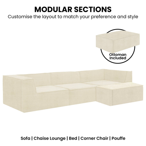 Sarantino Novi 3-Seater Modular Sofa with Ottoman in Cream Non-Slip Bottom Lounge Awezingly