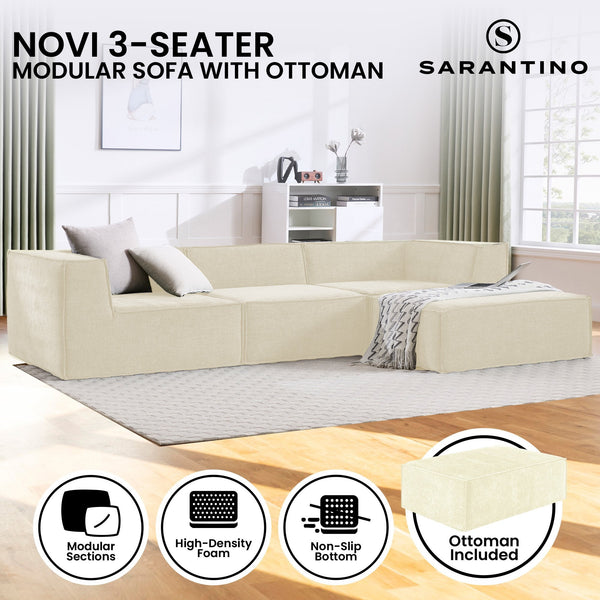 Sarantino Novi 3-Seater Modular Sofa with Ottoman in Cream Non-Slip Bottom Lounge Awezingly
