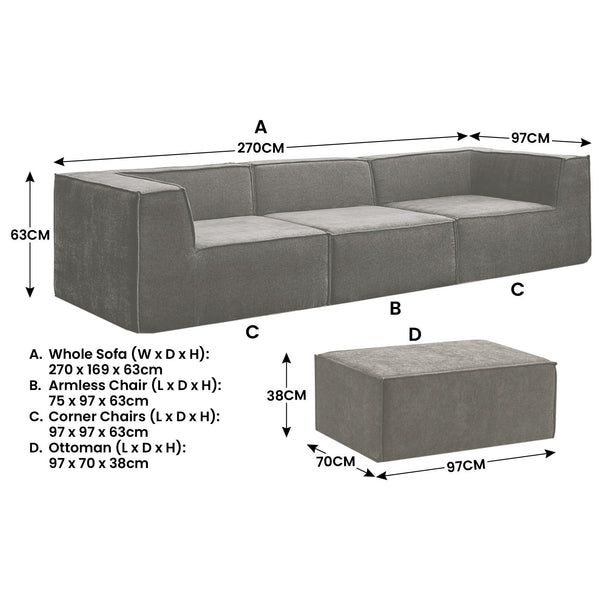 Sarantino Novi 3-Seater Modular Sofa with Ottoman in Grey Non-Slip Bottom Lounge Awezingly