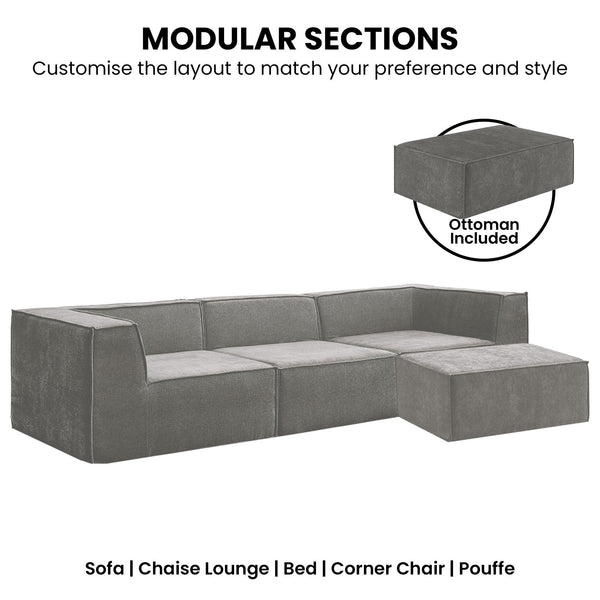 Sarantino Novi 3-Seater Modular Sofa with Ottoman in Grey Non-Slip Bottom Lounge Awezingly