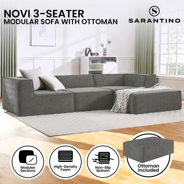 Sarantino Novi 3-Seater Modular Sofa with Ottoman in Grey Non-Slip Bottom Lounge Awezingly