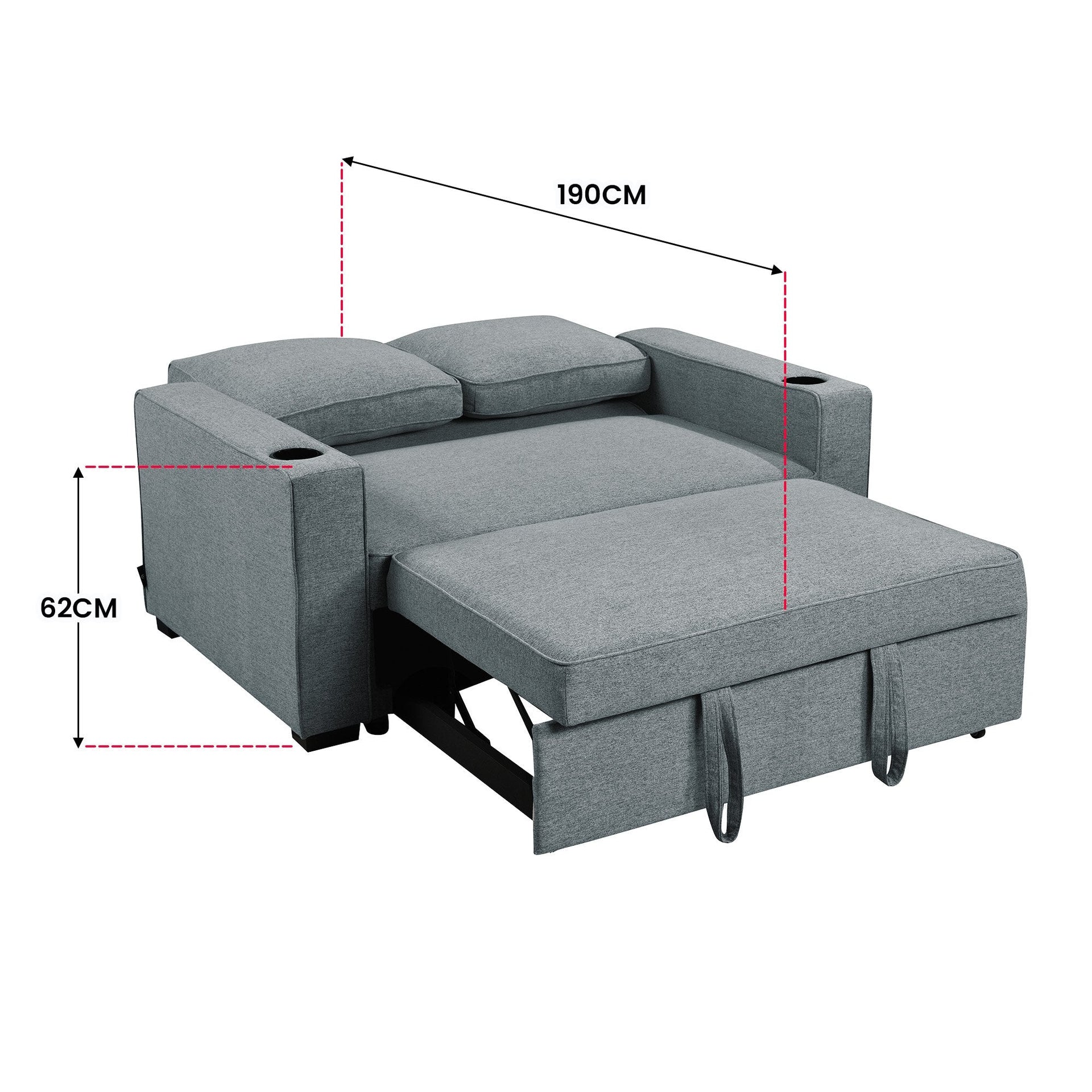 Sarantino Hoffman Linen Sofa Bed With Cushions & Cup Holders Dark Grey Sarantino