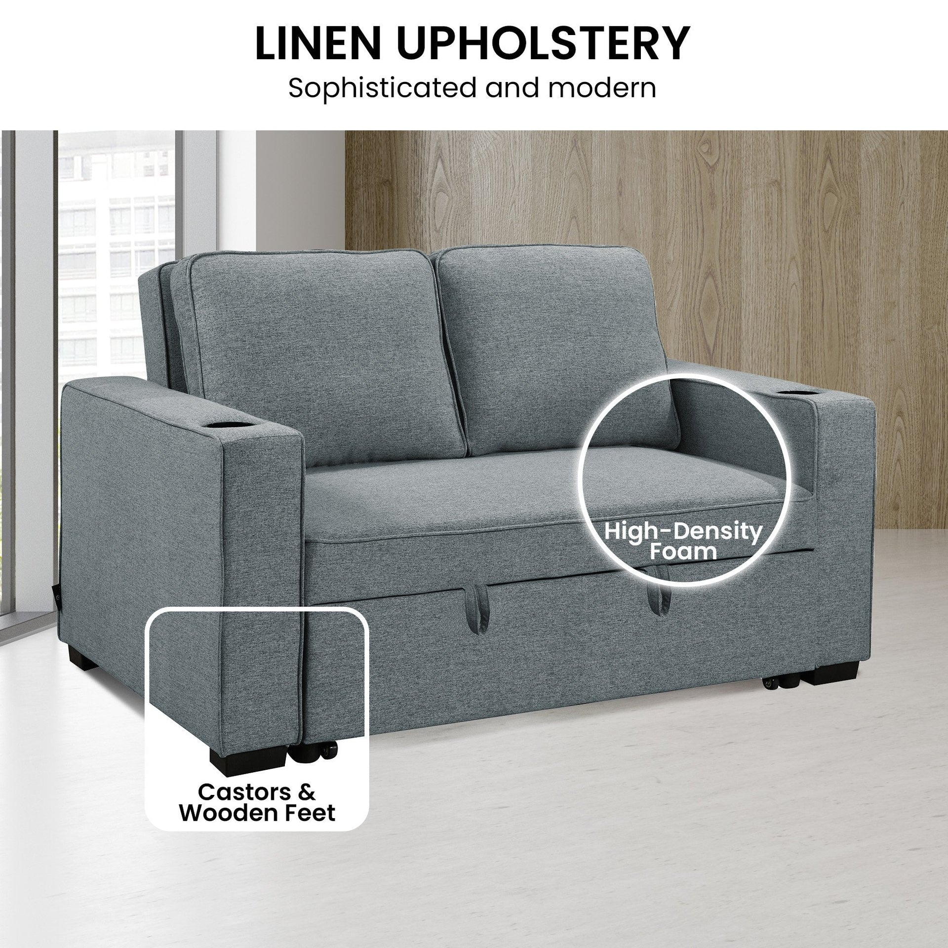 Sarantino Hoffman Linen Sofa Bed With Cushions & Cup Holders Dark Grey Sarantino