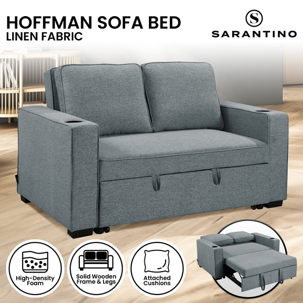 Sarantino Hoffman Linen Sofa Bed With Cushions & Cup Holders Dark Grey Sarantino