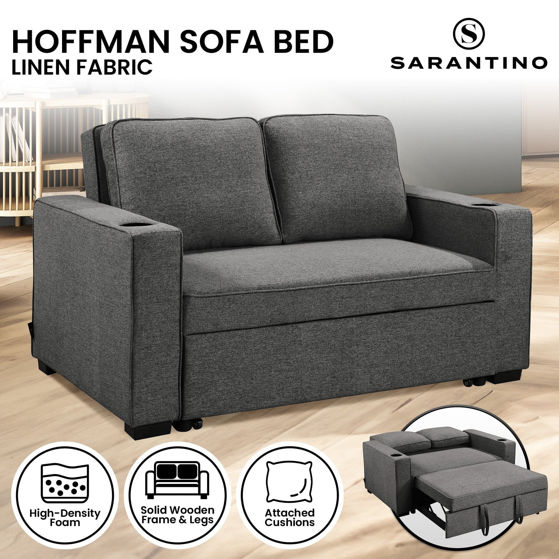 Sarantino Hoffman Linen Dark Grey Convertible Sofa Bed Couch Lounge With Cushions Cupholders Scandinavian-style Wooden Frame And Legs Sarantino